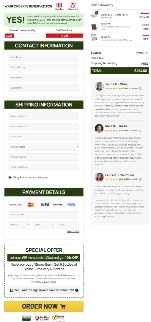 Biome Burn order page